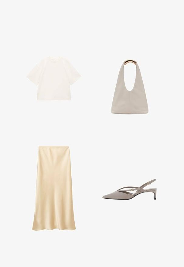 Preveliki bijeli pamučni majica s kratkim rukavima, okruglim izrezom i glatkom teksturom. Bez uzoraka ili vidljivih detalja od hardvera.; Satin midi suknja u svijetloj bež boji. Glatka tekstura, teče dizajn s lagano proširenim rubom. Nema vidljivih zatvarača ili ukrasa.; Bež sandale sa špicastim vrhom, tankim ukriženim trakama i kratkim potpeticama. Glatka tkanina s dodatnim zlatnim detaljima.; Svijetlosivi kožni torba s oblikom u slovo U i zakrivljenim metalnim drškom. Glatka tekstura s minimalnim šavovima i bez vidljivih uzoraka.