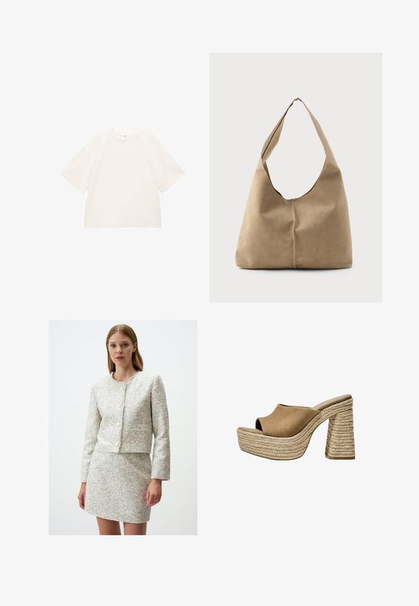 T-shirt en coton blanc surdimensionné avec des manches courtes, un col arrondi et une texture lisse. Pas de motifs ni de détails matériels visibles.; Veste en tweed bleu et blanc avec un col rond, un design court et cinq boutons à l'avant, accompagnée d'une jupe mini assortie.; Mules en suède marron à plateforme avec une ouverture à l'avant, présentant un talon en jute tressé épais et un design supérieur lisse et arrondi.; Sac hobo en suède beige doux avec une forme décontractée, une large bandoulière et un détail de couture à la main sur le devant.