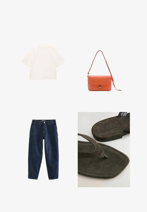 Př oversize bílé bavlněné tričko s krátkým rukávem, kulatým výstřihem a hladkou strukturou. Bez vzorů nebo viditelných kovových detailů.; Tmavě modré džíny s volným střihem, které mají pět kapes, poutka na opasek a kontrastní žluté prošití. Čistá, texturovaná tkanina.; Tmavě hnědé žabky se semišovou texturou a výrazným prstovým páskem, s vyraženým názvem značky "NEXT" na podrážce.; Korálová kožená taška s klopou, nastavitelným ramenním popruhem a stříbrným kovovým akcentem uprostřed. Hladká textura.