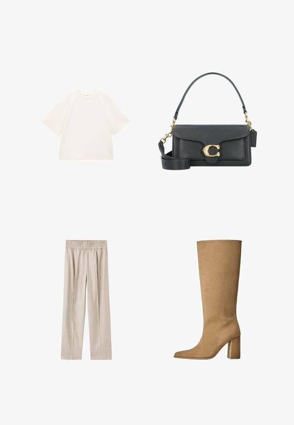 T-shirt en coton blanc surdimensionné avec des manches courtes, un col arrondi et une texture lisse. Pas de motifs ni de détails matériels visibles.; Pantalons larges beige clair en tissu texturé avec des rayures verticales subtiles, dotés d'une taille élastique pour le confort.; Botte en daim beige montant jusqu'au genou avec un talon carré, dotée d'un bout pointu et d'une texture lisse. Design minimaliste sans embellissements.; Sac en cuir noir avec des accents en métal doré, doté d'un fermoir signature, d'une bandoulière amovible et d'une surface texturée.