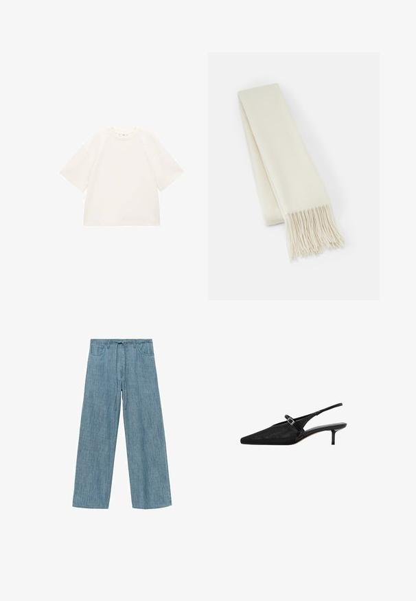 Oversized white cotton t-shirt with short sleeves, round neckline, and smooth texture. No patterns or visible hardware details.; Light blue striped wide-leg pants with a drawstring waist, featuring two front pockets and a soft, textured fabric.; Black slingback heels with pointed toes, textured mesh upper, slim adjustable strap with silver buckle, and 5 cm stiletto heels.; White wool scarf, rectangular shape, smooth texture, features fringed ends for added detail.; Brown leather tote bag with a smooth texture, open top design, and two shoulder straps. Features minimal stitching and no visible hardware.