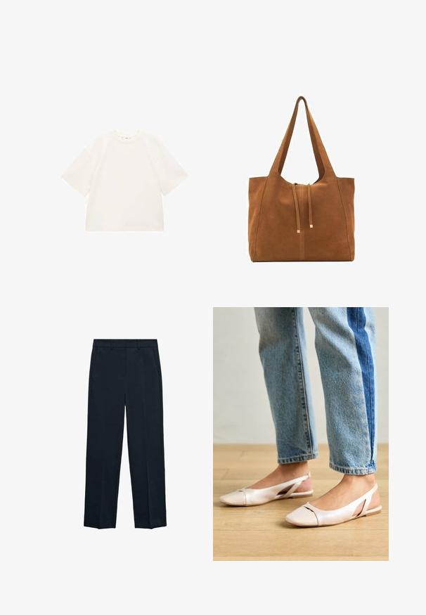 Prekrajovaný biely bavlnený tričko s krátkymi rukávmi, okrúhlym výstrihom a hladkou textúrou. Bez vzorov alebo viditeľných kovových detailov.; Námornícke modré nohavice s rovnou nohou, plochým predným dielom, dvoma bočnými vreckami a hladkou textúrou. Žiadne viditeľné vzory alebo akcenty.; Svetloružové slingback baleríny s jemne špicatou špičkou, vyrobené z hladkého materiálu pripomínajúceho kožu. Majú výrezové detaily na stranách a plochý opätok.; Hnedá semišová taška cez rameno s dvoma dlhými popruhmi, sťahovacou šnúrkou a minimalistickým dizajnom. Hladký povrch a žiadne viditeľné kovové doplnky.