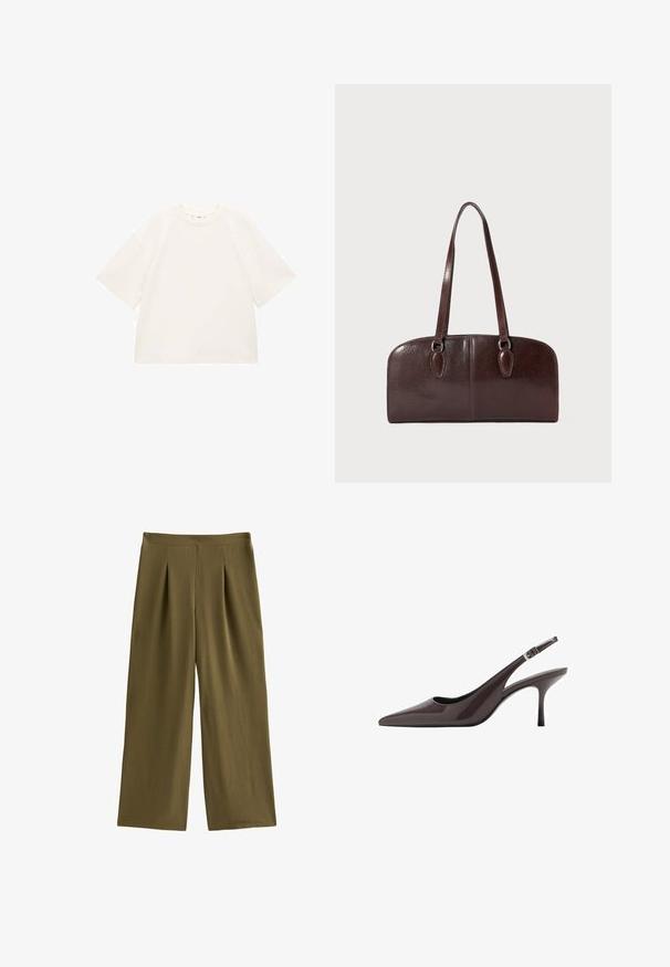 Oversized white cotton t-shirt with short sleeves, round neckline, and smooth texture. No patterns or visible hardware details.; Olive green wide-leg trousers with front pleats, made of lightweight fabric. Features a flat waistband and a smooth texture.; Pointed toe slingback heels in dark brown patent leather, featuring a slender high heel and an adjustable ankle strap with a buckle.; Brown leather handbag with two long handles, a structured rectangular shape, smooth texture, and rounded edges. Features accent details at the handles.
