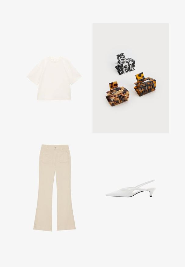 Preveliki bijeli pamučni majica s kratkim rukavima, okruglim izrezom i glatkom teksturom. Bez uzoraka ili vidljivih detalja od hardvera.; Bež široke hlače s visokim strukom, izrađene od pamučne tkanine. Imaju prednje i stražnje džepove, petlje za remen i jedan srebrni gumb.; Bijela slingback potpetica s oštrom punta, koja ima glatki gornji dio, suptilne izreze i nisku blok potpeticu. Crna potplata naglašava dizajn.; Tri čašice za kosu: jedna crno-bijela mramorna, dvije žirafe u smeškim i crnim nijansama, sve izrađene od sjajnog plastike s teksturiranom završnom obradom.