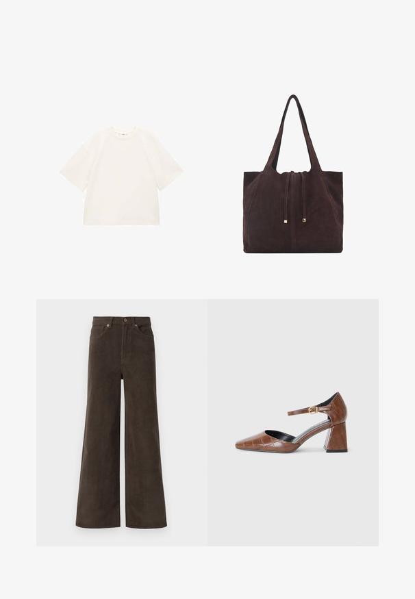 Preveliki bijeli pamučni majica s kratkim rukavima, okruglim izrezom i glatkom teksturom. Bez uzoraka ili vidljivih detalja od hardvera.; Tamno smeđe široke hlače od kordura s prednjim džepovima, petljama za remen i dugmetom za zatvaranje u struku.; Smeđe lakirane cipele s kvadratnim vrhom, teksturiranim krokodil uzorkom, remenom oko zapešća s zlatnom kopčom i debljim potplatom.; Mango Velika torba - dark brown
