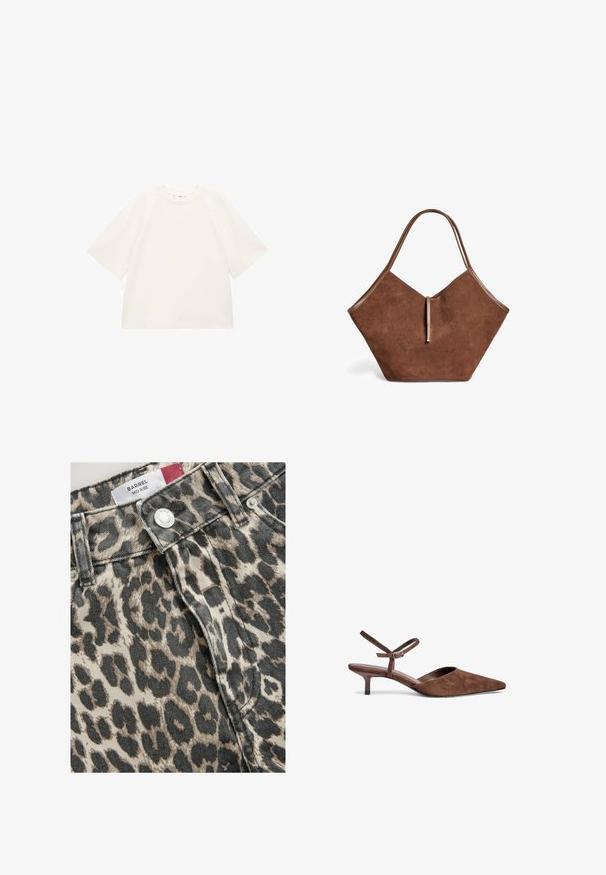 Prekrajovaný biely bavlnený tričko s krátkymi rukávmi, okrúhlym výstrihom a hladkou textúrou. Bez vzorov alebo viditeľných kovových detailov.; Stredne vysoké džínsové nohavice s leopardím vzorom vyrobené z denimu, kombinujúce béžovú a čiernu farbu; obsahuje kovový gombík a predné zapínanie.; Hnedé semišové sandále na podpätku s špicatou špičkou, tenkým remienkom okolo členka a nízkym, zúženým podpätkom. Hladké vnútorné podšívky a minimalistický dizajn.; Hnedá semišová taška s koženými detailmi a tenkým uzáverom, s mäkkým, širokým a mierne uhlovým tvarom.