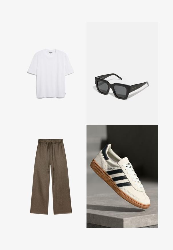 Weißes Baumwoll-T-Shirt mit kurzen Ärmeln, runder Halslinie und lockerer Passform. Keine sichtbaren Muster oder Logos. Glatte Textur.; Weite Beinform in Olivgrün, aus weichem, strukturiertem Stoff. Mit einem elastischen Bund und Kordelzug sowie seitlichen Taschen.; Weiße Wildleder-Sneaker mit marineblauen Streifen, Gummisohle, strukturiertem Obermaterial, runder Zehenform und Schnürung; mit Branding an der Seite und auf der Zunge.; Schwarze quadratische Sonnenbrille mit dunklen Gläsern, dickem Kunststoffrahmen und schlanken Bügeln. Verfügt über dezente Markierungen an der Seite.; Olivgrüne Handtasche mit glatter Oberfläche, abgerundetem oberen Rand und einem einzelnen schwarzen Griff. Sie zeichnet sich durch ein minimalistisches Design und eine dreieckige Basis aus.