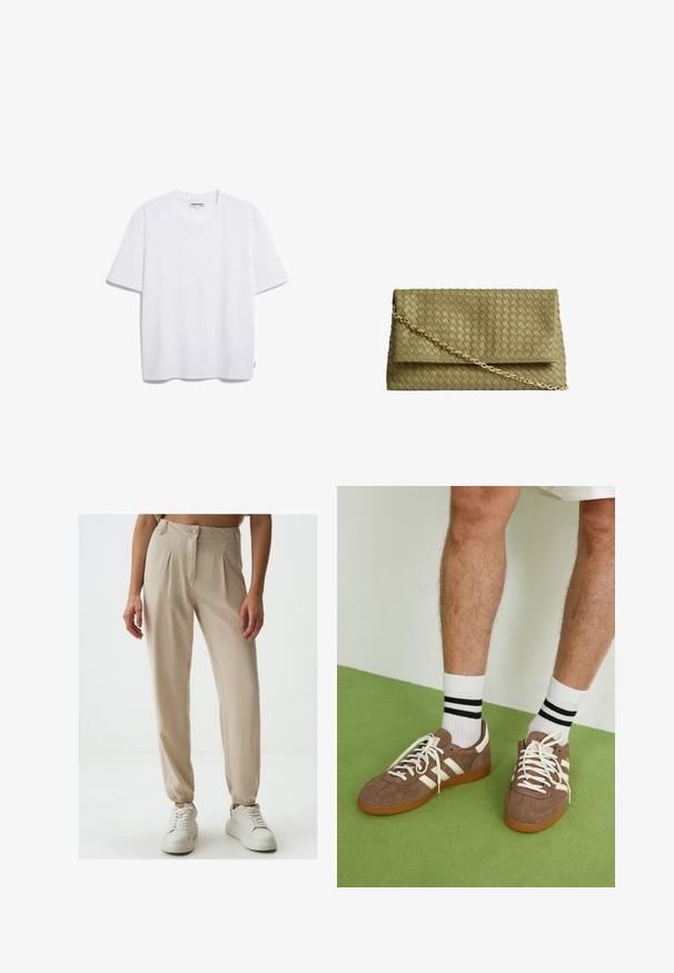 Maglietta in cotone bianca con maniche corte, scollo rotondo e vestibilità rilassata. Nessun motivo o logo visibile. Texture liscia.; Pantaloni beige a pieghe con chiusura a bottoni, polsini elasticizzati e una texture liscia, abbinati a sneaker bianche su uno sfondo neutro.; Sneaker in suede marrone con dettagli e lacci bianchi. Suola in gomma color gomma. Indossati con calzini bianchi con righe nere. Pavimento verde texturizzato.; Borsa a tracolla in pelle intrecciata verde con chiusura a patta, tracolla in catena dorata e texture liscia. Presenta una forma rettangolare strutturata.
