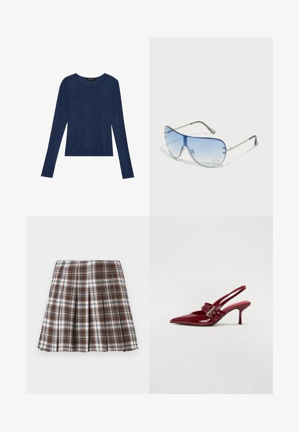 Jūros mirties mėlynos spalvos ilgomis rankovėmis palaidinė, pagaminta iš minkštos medžiagos, turi apvalų iškirpimą ir plokščią siūlę ant rankovių, su laisvu siluetu.; Ruda ir balta langeliais raštuota klostuota sijonas su tvirtu dizainu ir aštriu tekstūru, turintis aukštą liemenį ir kelias vertikalias klostes.; Raudoni blizgūs odiniai bateliai su atviru kulnu, smailiu nosiu, dviem užsegimais ir plonu, vidutinio aukščio stiletto kulnu. Lygus paviršius.; Aviatoriai akiniai su gradientiniais mėlynais objektyvais, sidabriniu metaliniu rėmu ir dekoratyvinėmis žvaigždžių akcentais ant objektyvų. Lygaus ir stilingo dizaino.