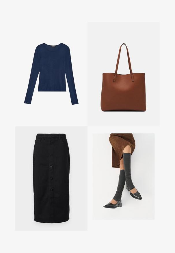 Hadit navy kereknyakú hosszú ujjú felső puha anyagból, lapos varrásokkal az ujjak mentén, laza szabással.; Fekete farmer midi szoknya egyenes sziluettel, elülső gombos záródással és oldalsó zsebekkel. Klasszikus dizájnnal és strapabíró textúrával rendelkezik.; Fekete lakk bőrből készült, hegyes orrú cipők, tömbsarkúakkal és bokapánttal, szürke bordás lábszármelegítőkkel és barna velúr szoknyával párosítva.; Barna bőr vászontáska sima textúrával, nyitott tetejű dizájnnal és két vállpánttal. Minimális varrással és látható hardver nélkül készült.