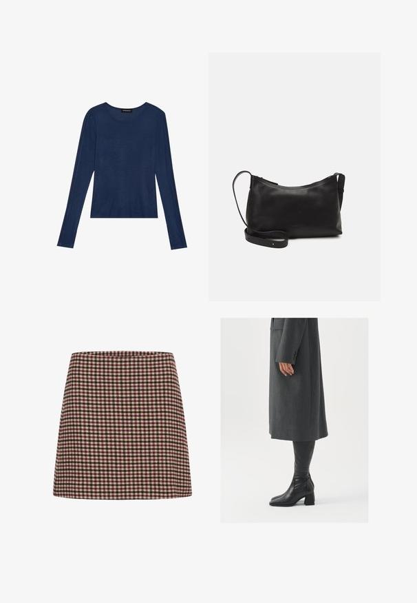 Haut à manches longues bleu marine en tissu doux, avec un col rond et des coutures plates le long des manches, offrant une coupe décontractée.; Une mini jupe à carreaux rouge et crème avec une silhouette droite et un tissu texturé. Aucune fermeture ni embellissement visible.; Manteau gris taillé à coupe droite ; associé à des bottes en cuir noir jusqu'au genou avec un bout carré et un talon épais.; Sac à épaule en cuir noir avec une texture lisse, une forme courbée, une bandoulière ajustable et une fermeture éclair. Design minimaliste sans embellissements.