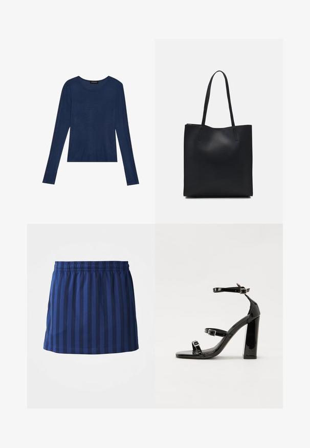 Morska dolga majica z dolgimi rokavi iz mehke tkanine, ima okroglo ovratnico in ravne šive ob rokavih, pa tudi sproščen kroj.; Temno modra krila z navpičnimi črtami, z elastičnim pasom, dolžina do sredine stegen, izdelana iz lahkega blaga, gladka tekstura.; Črne lakirane sandale s peto, kvadratnim prstom, trakovi okrog gležnja in srebrnimi zaponkami. Opremljene so s stabilno Debelo peto.; Črna usnjena torba s svilnato teksturo, pravokotne oblike in dvema dolgima ročajema. Brez vidnih metalnih delov ali okrasnih elementov.