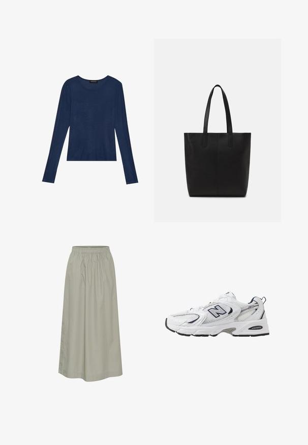 Haut à manches longues bleu marine en tissu doux, avec un col rond et des coutures plates le long des manches, offrant une coupe décontractée.; Jupe verte clair, longueur genoux, en tissu doux avec une taille élastique, présentant un design plissé et des détails de couture discrets.; B baskets blanches avec une tige en mesh, des accents bleu marine et une semelle rembourrée. Présente le logo "N", des lacets et un détail texturé sur le côté.; Sac fourre-tout noir en matériau texturé, avec deux longues poignées et un design simple et minimaliste sans hardware visible.