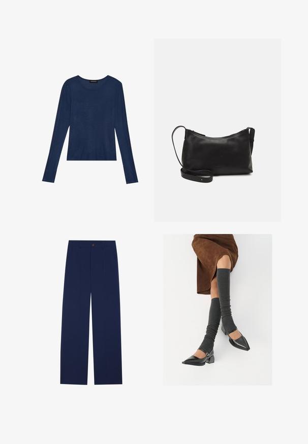 Marineblauwe longsleeve top van zachte stof, met een ronde halslijn en platte naden langs de mouwen, in een ontspannen pasvorm.; Marineblauwe wijde broek gemaakt van gladde stof, met voorzakken, een knoopsluiting en een tailormade ontwerp met plooien.; Zwarte gepatineerde leren pumps met een puntige neus, een blokhak en een enkelbandje, gecombineerd met grijze geribde beenwarmers en een bruine suède rok.; Zwarte leren schoudertas met een gladde textuur, gebogen vorm, verstelbare schouderband en een ritsafsluiting. Minimalistisch ontwerp zonder versieringen.