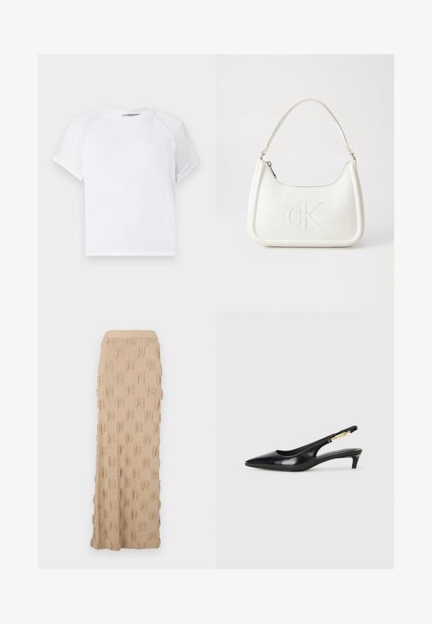 Witte katoenen t-shirt met een ronde hals, korte raglanmouwen en een relaxte fits. Gladde textuur zonder zichtbare patronen of accenten.; Beige gebreide maxi-rok met een tekstuurpatroon en rafelige accenten overal en een geribde tailleband. Soepel en flexibele stof.; Zwarte leren slingback hakken met een spitse neus, voorzien van een slanke hak en een goudkleurige accent op de verstelbare band. Gladde textuur.; Witte lederen handtas met een gebogen vorm, voorzien van een reliëf "CK" logo aan de voorkant en een enkele schouderriem. Ritsluiting aan de bovenkant.