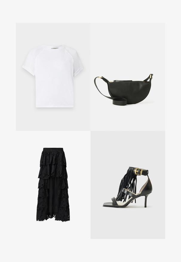 T-shirt de algodão branco com decote redondo, mangas raglan curtas e um corte descontraído. Textura suave sem padrões ou acentos visíveis.; Saia preta em camadas feita de renda e tecido, com várias fendas, padrões florais intrincados e uma camada interna forrada para cobertura.; Sandal de salto alto preto com detalhe em franjas, tira no tornozelo com acabamento em dourado, ponta quadrada plana e duas tiras cruzadas na parte frontal.; Bolsa transversal de couro preto com formato de meia-lua, superfície texturizada, fecho dourado e alça plana. Design compacto adequado para itens essenciais.