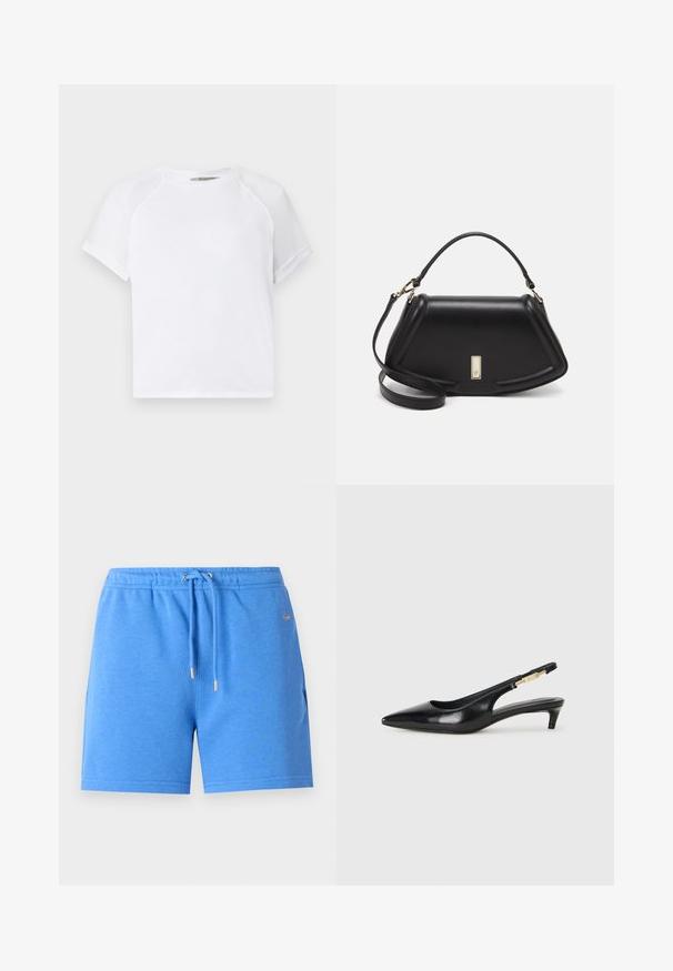 Valkoinen puuvillapaita, jossa on pyöreä kaula-aukko, lyhyet raglan-hihat ja rento istuvuus. Tasainen pinta ilman näkyviä kuvioita tai korostuksia.; Siniset puuvillashortsit, joissa on joustava vyötärö, kiristysnauha ja kultasävyiset yksityiskohdat. Ominaisuudet sileä pinta ja sivutaskut.; Mustat nahkaiset slingback-korkokengät, joissa on terävä kärki, ohuet korot ja kultasävytteinen yksityiskohta säädettävässä hihnassa. Silkkinen pinta.; Mustalla nahkalaukulla, jossa on jämäkkä muotoilu, lyhyt malli, yläkahva ja kultaiset yksityiskohdat. Säädettävä olkahihna sisältyy.