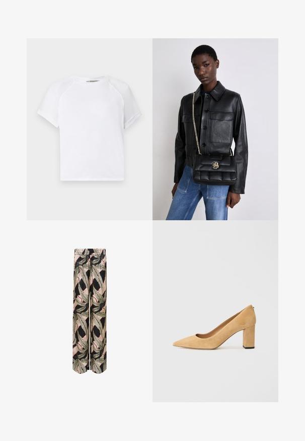 Balta kokvilnas T-krekls ar apaļu kakla izgriezumu, īsām raglanu piedurknēm un brīvu piegriezumu. Gluda tekstūra bez redzamām detaļām vai akcentiem.; Palazzo bikses ar melnu pamatni un drosmīgu lapu rakstu zaļā, bēšā un sarkanā krāsā, ar elastīgu jostu ērtībai.; Bežīgas zamšādas augstpapēžu kurpes ar smailu purngali un masīvu bloku papēdi. Materiāls ir ar mīkstu tekstūru un gludu apdari.; Melnas ādas jaka ar pogu aizdari un divām priekšējām kabatām, kopā ar melnu pufīgu rokassomu ar zelta sprādzi un ķēdes siksnu.