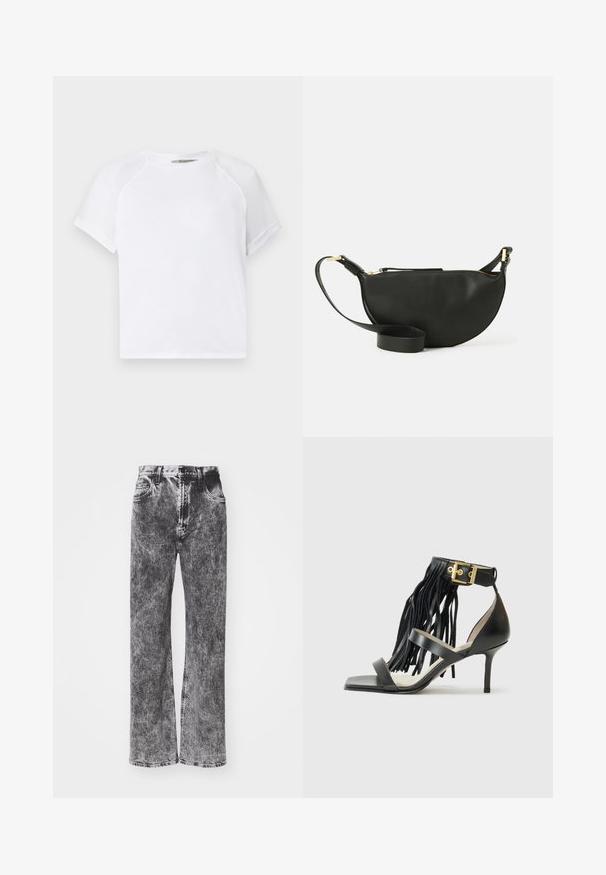 Valge puuvillane T-särk ümmarguse kaelusega, lühiõlgadega ja mõõduka lõikega. Sile tekstuur ilma nähtavate mustrite või aktsentideta.; Kõrge vöökohaga, laia säärega teksad musta ja halli häguse värvusega, viie tasku ja kontrastse õmblusega hemmi ääres.; Mustad musta kõrge kontsaga sandaal fringing detailiga, pahkluu rihm kuldsete detailidega, lame ruudukujuline varvas ja kaks ristuvat rihma vampi kohal.; Mustmust kott poolkuu kuju, tekstuurse pinnaga, kuldne tõmblukk ja lame rihm. Kompaktne disain, mis sobib igapäevaste essementide jaoks.