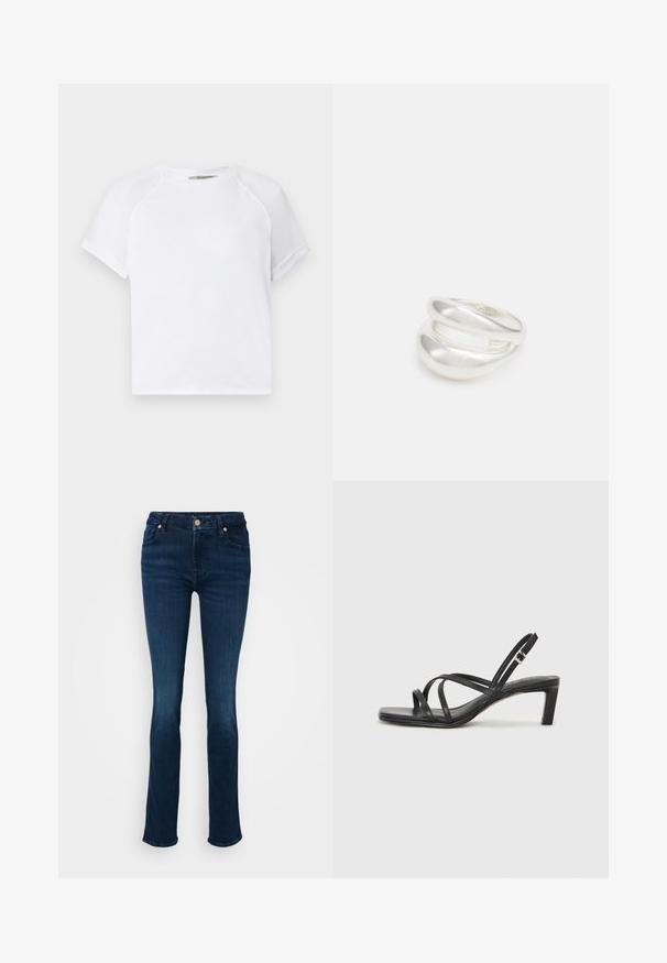 Bijela pamučna majica s okruglim izrezom, kratkim raglan rukavima i ležernim krojem. Glatka tekstura bez vidljivih uzoraka ili akcenta.; Tamno plave traperice, visoki struk sa uskim krojem, s prednjim zatvaranjem na dugme i suptilnim šavovima na džepovima.; Crne sandale s trakama, kvadratnim prstom i niskom blok petom. Ima više tankih trakica i podesivu trakicu oko gležnja. Izrađene su od glatke kože.; Srebrna dvostruka prsten s glatkom, poliranom površinom. Karakterizira ga fluidan, zakrivljen dizajn s preklapajućim sekcijama za moderan izgled.; Srebrna dvostruka prsten s glatkom, poliranom površinom. Karakterizira ga fluidan, zakrivljen dizajn s preklapajućim sekcijama za moderan izgled.
