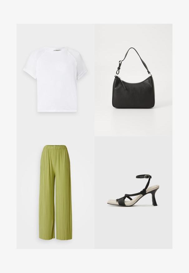 Valkoinen puuvillapaita, jossa on pyöreä kaula-aukko, lyhyet raglan-hihat ja rento istuvuus. Tasainen pinta ilman näkyviä kuvioita tai korostuksia.; Pleated wide-leg pants made from light green fabric with an elastic waistband, featuring vertical grooves for added texture and flow.; Mustat korkokengät, joissa on punottuolkaiminen design, neliömäinen kärki ja säädettävä nilkkahihna. Vaaleanbeige jalkapohja ja kiiltävä musta korko.; Mustat nahkakäsilaukku, jossa on kaareva muoto, yksi hihna, vetoketjukiinnitys ja hienovarainen brändäys etuosassa. Sujuva pinta, minimalistinen muotoilu.