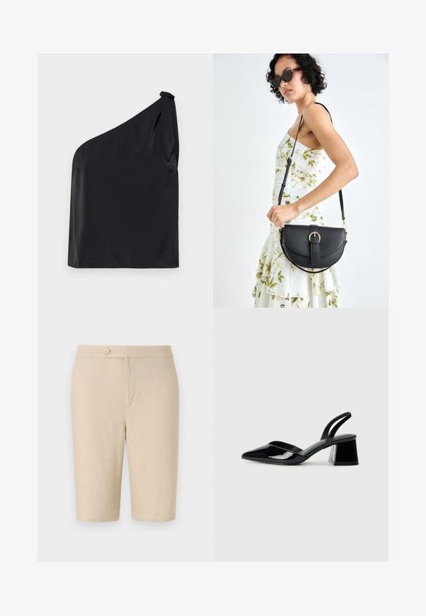 Svart én-skulder topp laget av glatt stoff, med en knytedetalj på skulderen og en avslappet passform. Minimalistisk design med rene linjer.; Beige linshorts med frontknapp, to sidelommer og rett snitt, med en glatt tekstur og enkelt design.; Svarte patentlær slingback hæler med spiss tå og geometrisk blokk hæl. Har et stilrent, minimalistisk design og jevn tekstur.; Svart lærveske med en buet form, avtagbar stropp og gullbeslag. Vesken har et klaff med spenne-detall.