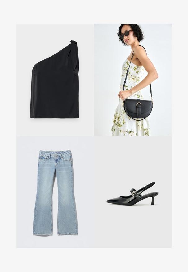 Haut asymétrique noir confectionné dans un tissu lisse, avec un détail à nouer à l'épaule et une coupe décontractée. Design minimaliste avec des lignes épurées.; Jean évasé bleu clair avec une finition délavée, design à cinq poches et surpiqûres contrastées. Denim en coton avec une texture lisse.; Escarpins slingback en cuir verni noir avec un bout pointu et un petit talon bloc, mettant en avant un accent en boucle argentée sur la sangle.; Sac à main en cuir noir avec une forme courbée, bandoulière amovible et des accessoires en or. Le sac est doté d'un rabat avec un détail de boucle.
