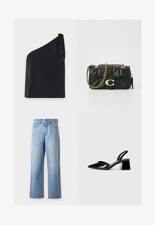 Črn top z enim ramenom, izdelan iz gladkega materiala, s poveznico na rami in sproščenim krojem. Minimalistična zasnova s čistimi linijami.; Svetlo modri kavbojki z ravnim krojem, ki imajo gumb zapiranje, zanke za pas in subtilno zbledelost v strukturi tkanine.; Črne lakirane slingback pete s koničastim nosom in geometrijsko blokasto peto. Imajo eleganten, minimalističen dizajn in gladko teksturo.; Črna kviltana usnjena torbica z zlatim verižnim ročajem in zapiranjem z obročkom, ki ima okroglo okrasje. Kompaktna pravokotna oblika.