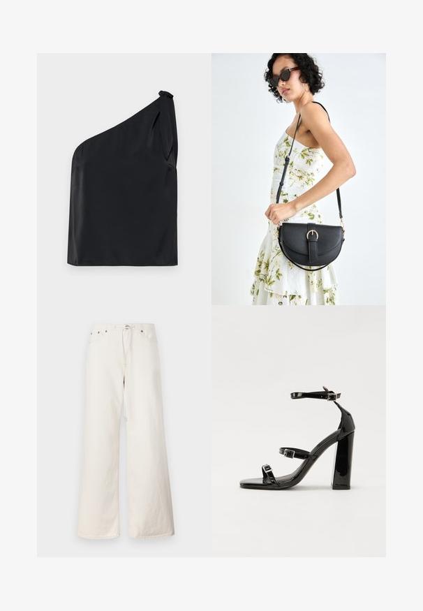 Crni top na jedno rame napravljen od glatkog materijala, s detaljem vezivanja na ramenu i opuštenim krojem. Minimalistički dizajn s čistim linijama.; Bijele široke traperice s elastičnim pojasom, prednjim džepovima i suptilnim detaljima šivanja. Izrađene od čvrstog pamučnog materijala.; Crne lakirane sandale na pete sa kvadratnim nosom, trakama oko gležnja i srebrnim kopčama. Imaju čvrst blok petu za stabilnost.; Crna kožna torba s lukovitim oblikom, odvojivim remenom i zlatnim detaljima. Torba ima preklop s kopčom.