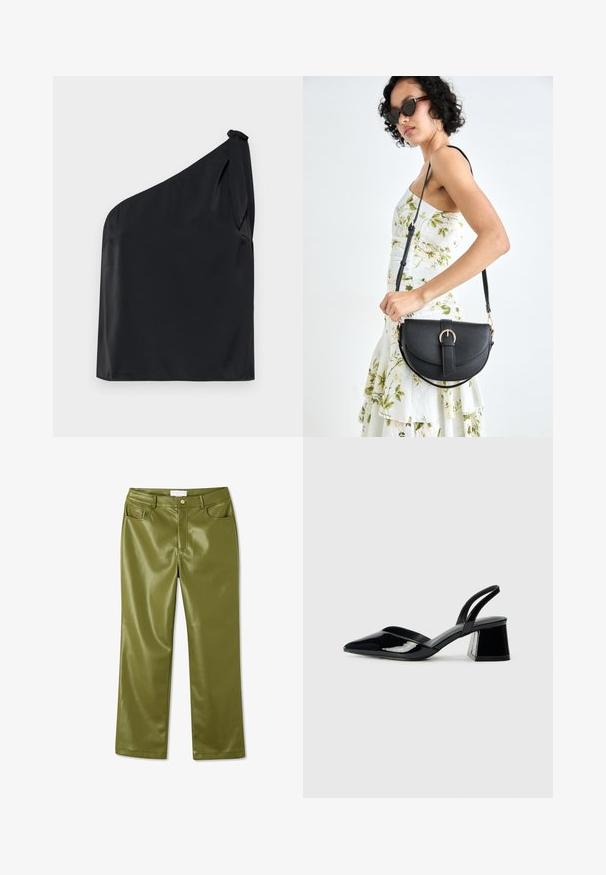 Fekete, egy vállra tervezett top sima anyagból, vállon megkötő részlettel és laza szabással. Minimalista dizájn letisztult vonalakkal.; Olíva zöld, magas derekú műbőr nadrág sima textúrával, négy zsebbel és elülső gombos záródással. Egyenes szárú dizájn.; Fekete lakk bőr szandálkés magas sarkú cipő, hegyes orral és geometrikus tömbsarkakkal. Karcsú, minimalista dizájn és sima textúra jellemzi.; Fekete bőrtáska ívelt formával, levehető pánttal és arany színű fémrészekkel. A táskán egy csattal díszített fedél található.