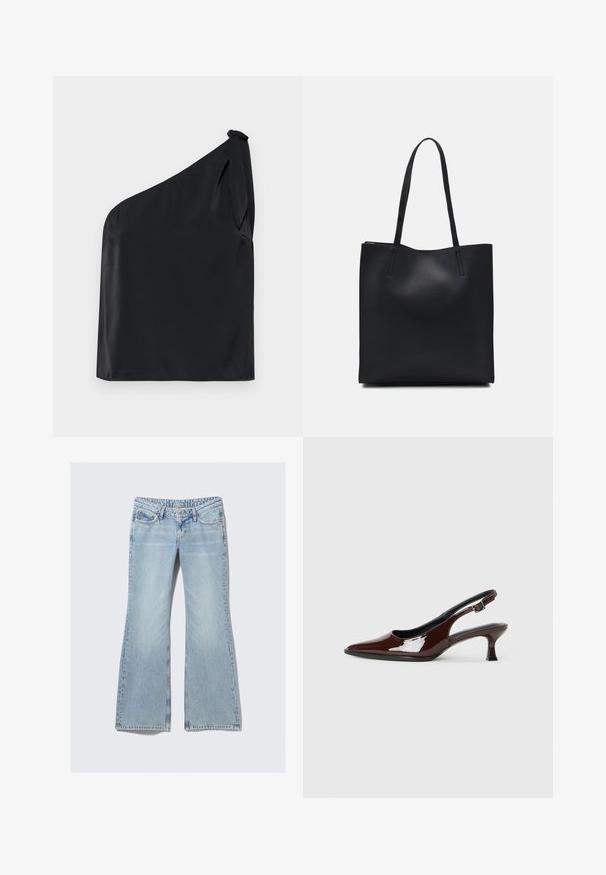 Črn top z enim ramenom, izdelan iz gladkega materiala, s poveznico na rami in sproščenim krojem. Minimalistična zasnova s čistimi linijami.; Weekday NOVA - Kavbojke slim fit - lip blue; Rjavi lakirani slingback čevelj z ostro konico in zmerno peto. Ima zaponko za varno prileganje. Gladka tekstura.; Črna usnjena torba s svilnato teksturo, pravokotne oblike in dvema dolgima ročajema. Brez vidnih metalnih delov ali okrasnih elementov.