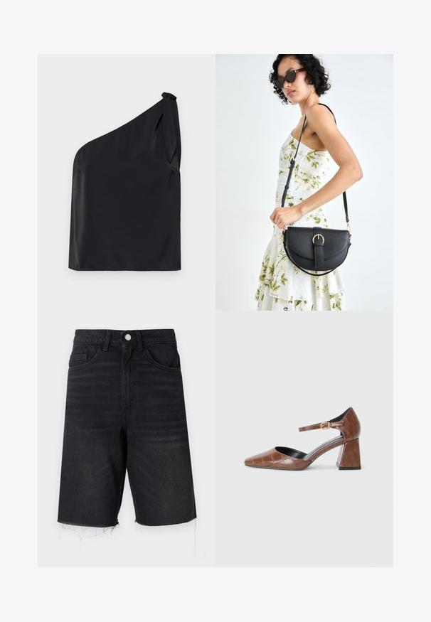 Black one-shoulder top made of smooth fabric, featuring a tie detail at the shoulder and a relaxed fit. Minimalist design with clean lines.; Black denim shorts with a high waist, five pockets, button closure, and frayed hemline. Features a smooth texture with slight fading.; Brown patent leather pump with a square toe, textured croc pattern, ankle strap with gold buckle, and a chunky heel.; Black leather handbag with a curved shape, detachable strap, and gold hardware. The bag features a flap with a buckle detail.