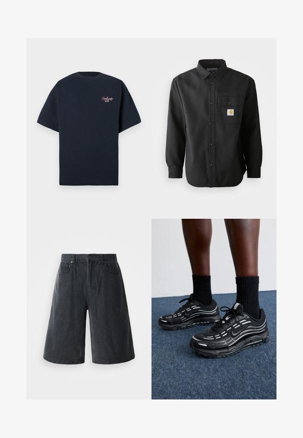 Tummansininen puuvillateepaita, jossa on lyhyet hihat, vasemmassa rinnassa pieni vaaleanpunainen kirjailtu logo ja klassinen pyöreä pääntie.; Mustapaita, jossa on pitkä hiha, nappikäyttöinen etuosa, terävä kaulus ja rintatasku, jossa on logo-aani. Pehmeä, tekstuurinen kangas.; Tummanharmaat farkkushortsit, joissa on rento malli, viisi taskua ja vyötärö vyölenkeillä. Materiaali on sileä.; Mustat Nike-kengät, joissa on verkkomateriaali ja korostetut raidat, teksturoitu nauhoitus ja musta kumipohja. Yhdistetty mustiin ribbikurottimiin.