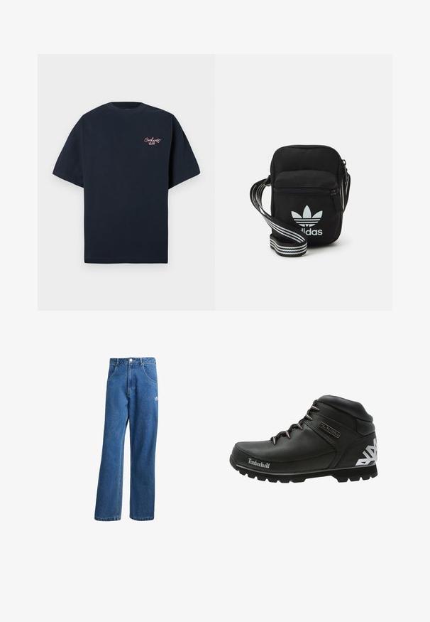 Camiseta de algodón azul marino de manga corta, con un pequeño logo bordado en rosa en el lado izquierdo del pecho y un diseño de cuello redondo clásico.; Vaqueros de mezclilla anchos de talle alto en azul, con bolsillos frontales, presillas para cinturón, cierre de botón y pequeño logo de Adidas en el muslo derecho.; Botas de senderismo negras con parte superior de cuero texturizado, suelas de goma y ojales de metal. Diseño geométrico blanco notable en el talón. Marca Timberland visible.; Bolso cruzado de tela negra con cierre de cremallera, que presenta un logo blanco de Adidas y una correa ajustable a rayas para un fácil transporte.