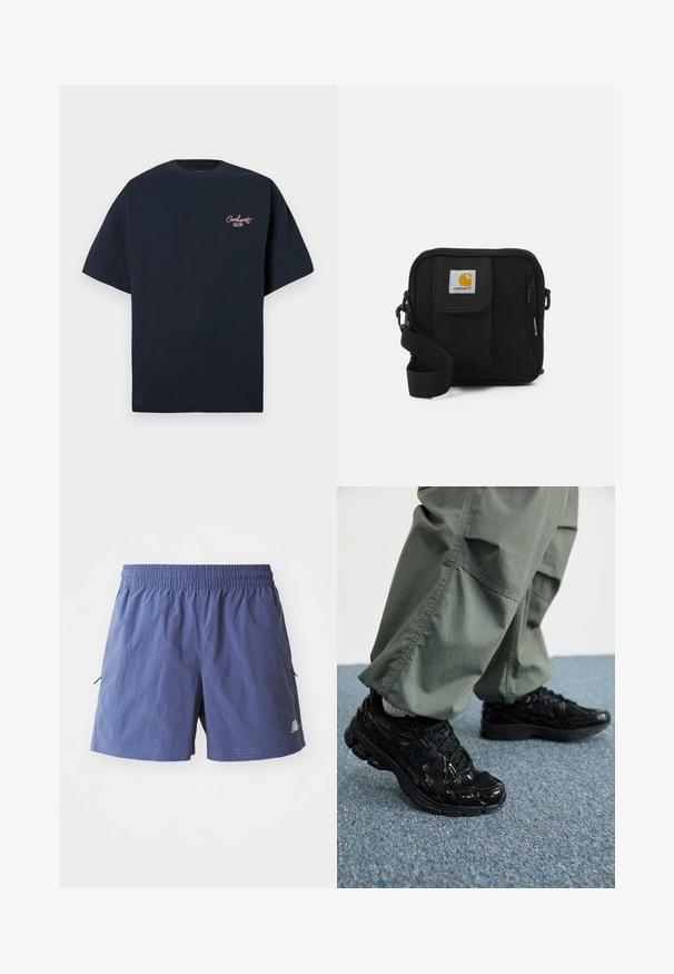 Tamno plava pamučna majica s kratkim rukavima, koja ima mali ružičasti izvezeni logo na lijevoj strani prsnog dijela i klasičan okrugli izrez.; Muške kratke hlače u svijetloplavoj boji, izrađene od lagane tkanine. Imaju elastičnu traku u struku, bočne džepove i logo na rubu.; Crni atletski tenisice s sjajnim i mrežastim teksturama, s debelim đonom i vezicama, u kombinaciji s opuštenim cargo hlačama u maslinastoj boji.; Crna torba za preko ramena s glavnim odjeljkom na patentni zatvarač, prednjim džepom, podešivim remenom i vidljivom oznakom na preklopu.