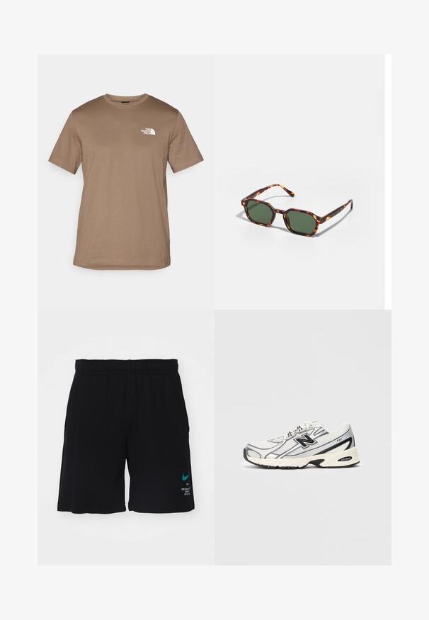 Rudas trumpas rankovėmis marškinėliai, pagaminti iš medvilnės, su rausvu apykaklės kraštu. Priekyje, kairėje krūtinės pusėje, yra mažas baltas logotipas.; Juodi sportiniai šortai su elastiniu juosmeniu, pagaminti iš minkštos medžiagos. Apatinėje kairėje kojoje išsiskiria turkio spalvos Nike logotipas ir baltas tekstas.; Baltos ir pilkos sportinės kedėlės su juodu "N" logotipu, tinklinis viršus, minkštas padais ir lace-up dizainas, rodomos ant paprasto šviesiai pilko fono.; Žvyneliai akiniai nuo saulės su žaliais lęšiais, turintys aštuonkampį formos ir plonas, lenktas šakeles. Medžiaga turi blizgų paviršių.