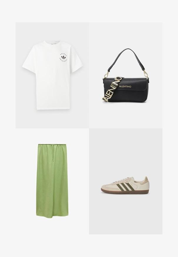 Bijela pamučna majica kratkih rukava, okruglog izreza, s crnim Adidas Originals logom ispisanim na lijevom prsnom dijelu.; Mango Velika suknja - light green; adidas Originals SAMBA OG UNISEX - Tenisice - alumina/medium dark khaki/gum; Crna kožna torba sa strukturiranim oblikom, sa zlatnim remenom s logotipom "VALENTINO" i odvojivim remenom za rame. Teksturalna završnica.