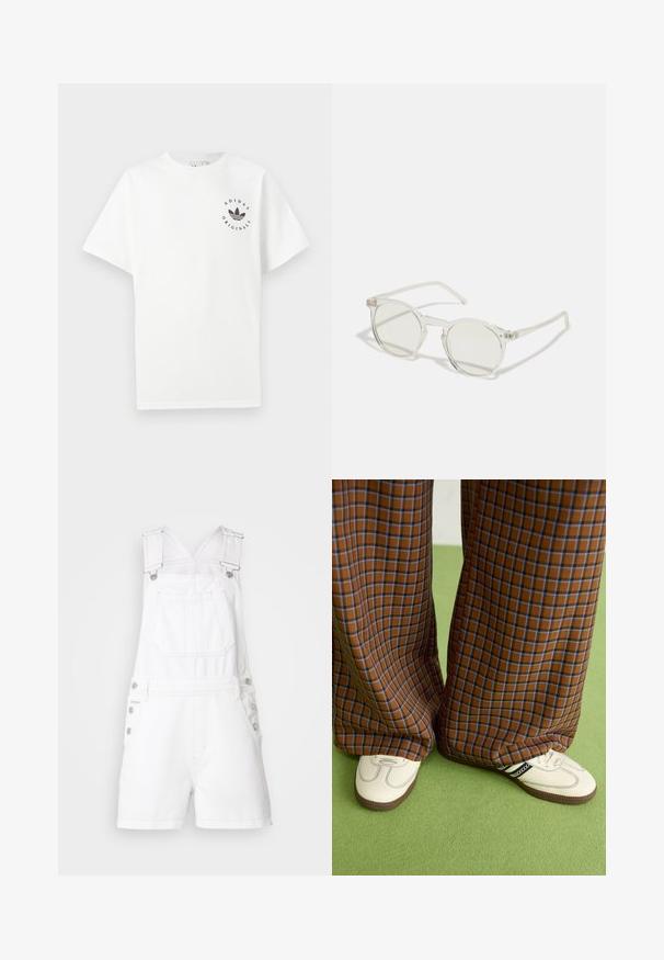 White cotton t-shirt with short sleeves, round neckline, and black Adidas Originals logo printed on the left chest.; White denim overalls with adjustable straps, front pocket, and button accents on sides. Features short legs and a clean, smooth texture.; Brown and blue plaid wide-leg trousers paired with white shoes featuring black accents and textured soles, set against a green background.; Round sunglasses with a transparent frame, light green lenses, and thin, clear temples. Features subtle hardware accents on the frame.