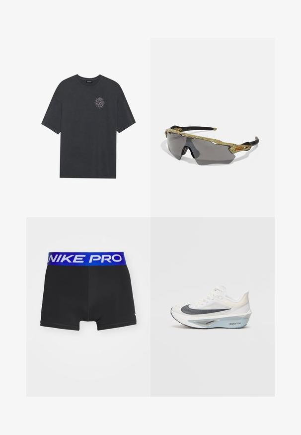 Donkergrijze katoenen t-shirt met een ronde hals en korte mouwen, met een witte zonafbeelding op de linkerborst.; Zwarte sportshorts met een brede blauwe elastieken tailleband met "NIKE PRO" in het wit. Glad materiaal, aansluitend ontwerp, boven de knie lengte.; Witte hardloopschoen met een ademende bovenkant van mesh, blauwe accenten en een opvallend tussenzoolontwerp met een zichtbaar dempingssysteem.; Sportzonnebril met een groen gepattereerd frame, zwarte armen en grijze lenzen. Het ontwerp heeft een omsluitende stijl met een gedurfde, sportieve vorm.