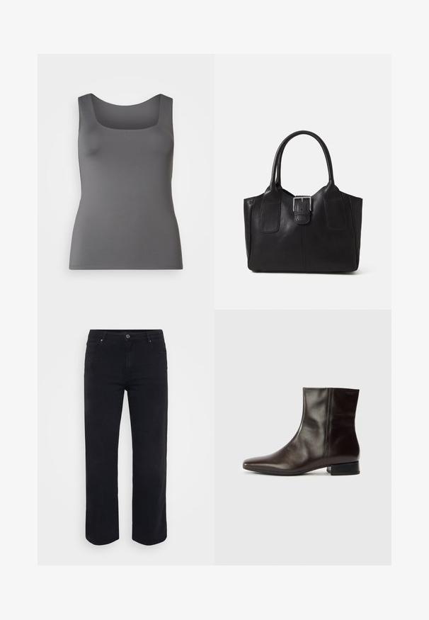 Top cinza com decote quadrado. Feito de um tecido suave, apresenta um silhueta ajustada e alças largas.; Jeans de ganga pretos com um design de perna reta. As características incluem um fecho de cintura com botão, passadores de cinto e bolsos à frente/atrás. Textura suave.; Bota de cano baixo em couro castanho com bico apontado, textura lisa, salto médio e design simples. Estilo minimalista sem adornos.; Bolsa tote de couro preta com textura suave, forma estruturada, duas alças e um destaque prateado proeminente na parte da frente.