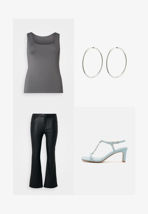 Siva majica bez rukava s kvadratnim izrezom. Izrađena od glatkog materijala, ima uski kroj i široke naramenice.; Črne široke hlače iz gladkega, sijajnega materiala. Imajo pet žepov, zanke za pas in zadrgo z gumbom za zapiranje.; Svijetloplave sandale s visokom petom i remenom oko gležnja, sa kvadratnim vrhom, koji imaju metalik akcent i glatku, glatku kožnu teksturu.; Srebrni obroči za ušesa z gladko, polirano površino. Krožna oblika, enakomerna širina, zasnovani za enostavno zapiranje. Preprosto in elegantno.
