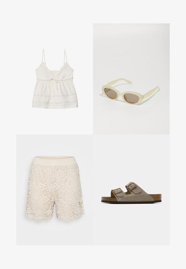 Valkoinen hihaton toppi, jossa säädettävät olkaimet, V-mallinen kaula-aukko, kerätty vyötärö ja koristeellinen pitsireuna helman ja vartalon ympärillä. Pehmeää puuvillakangasta.; Kohdetekotyyliset pitsishortsit vaaleassa beigeissä sävyissä, joissa on kukkakuviot, aallotettu helma ja teksturoitu kudottu vyötärö, sisältäen monimutkaisia yksityiskohtia kauttaaltaan.; Suede liukumi sandalai šviesiai pilkos spalvos su dviem reguliuojamomis sagtimis, kamštiniu viduriu ir tekstūruota gumine išore.; Kellonmuotoiset aurinkolasit, joissa on läpinäkyvä vaaleankeltainen kehys ja ruskeat linssit. Ominaisuuksiin kuuluu sileä pinta ja hienovaraiset metalliosat sivuilla.; Kudottu olkalaukku, jossa on ruskeat nahkakahvat, ominaisuuksina sävyero tanista vaaleanpunaiseen sekä fringed-topus. Rakeinen pinta.; Tiffany-kellon rengaskorvissa on rivi kirkastakiviä ja jokaisessa roikkuu pyöreä kristallikoru. Kiillotettu metalli, tyylikäs muotoilu.