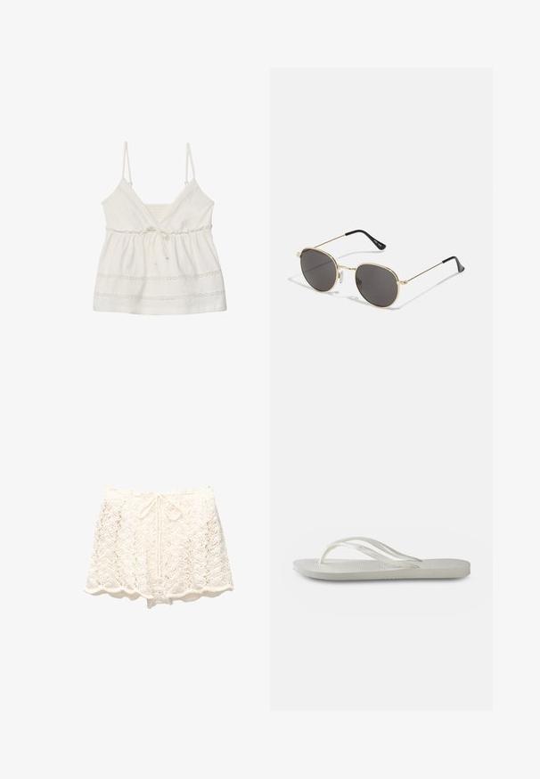 White sleeveless top with adjustable straps, v-neckline, gathered waist, and decorative lace trim along hem and bodice. Soft cotton fabric.; White crochet shorts with a scalloped hem, featuring a textured, open-knit design and a drawstring waist for adjustable fit.; White flip-flop with a textured sole, featuring thin straps and a flat design. Made of rubber with a subtle logo on the footbed.; Round sunglasses with dark lenses, thin gold metal frame, plastic temple tips, and adjustable nose pads. Minimalist design with a classic look.