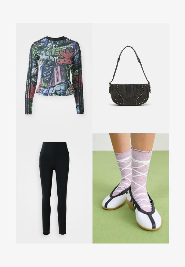 Long-sleeve athletic top featuring a graphic print with bold colors, including black, green, and red, and three black stripes on each sleeve.; Black high-waisted athletic leggings with side pocket and full-length legs on a white background.; White flat shoes with a black trim and sole, paired with light purple ribbed socks featuring white crisscross straps. Set on a green background.; Black suede handbag with a curved design, featuring rivet accents and a textured surface. Adjustable strap with stud details along the edge.