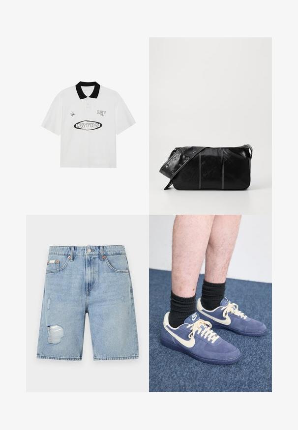 Balta polo marškinėliai su juodu apykaklė, puošiami juodais grafikos atspaudais: "URTRN" ir žvaigždės dizainu. Trumpomis rankovėmis ir klasikinio kirpimo.; Šviesiai mėlynos džinsinės šortai su nusidėvėjimo dizainu. Turintys suplyšusius kraštus ir lopai, penkių kišenių, metalinėmy užsegimu.; Nike sportbačiai su tamsiai mėlynu tekstiliniu viršumi ir grietinėlės spalvos akcentais. Yra plokščios raišteliai, apvalus pirštas ir guminiu padu. Dėvimos juodos raukšlėtos kojinės.; Juodas odinis pečių krepšys su užtrauktuku, turintis tekstūruotą paviršių, baltą siuvinėjimą ir dirželį su sidabinėmis metalinėmis detalėmis.