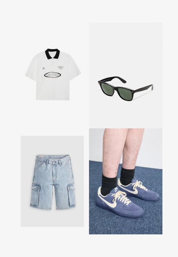 Balts polo krekls ar melnu apkakli, ar melnām grafikām: "URTRN" un zvaigznes dizains. Īsas piedurknes un klasiskā piegriezums.; Gai zilu džinsa krāsas cargo šorti ar brīvu piegriezumu, kuriem ir divi sānu kabatas un izšūti detaļas gar šuvēm.; Nike tenisu apavi ar tumši zilu zamšādas virsu un krēmkrāsas akcentiem. Iespējas ar plakaniem auklām, noapaļotu purngalu un gumijas zoli. Valkātas melnas ribotās zeķes.; Melnas plastmasas saulesbrilles ar zaļiem lēciem, kvadrātveida rāmjiem, sudrabainu akcentu uz uzacīm un teksturētām tempļu kājām. Zīmols norādīts uz iekšējās kājas.