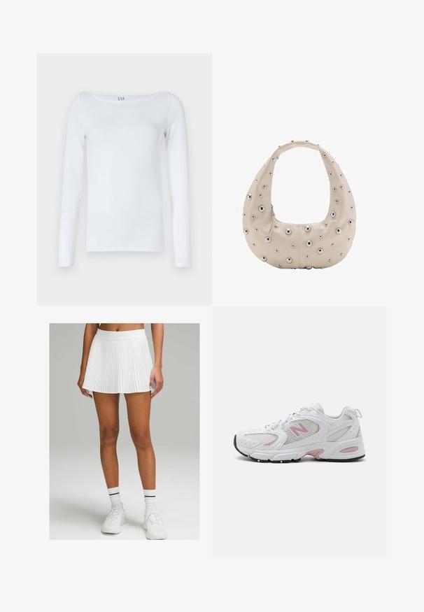 Bela dolga majica z dolgimi rokavi, izdelana iz bombažne mešanice, z okroglim izrezom in slim fit oblikovanjem. Brez vidnih vzorcev ali dodatkov.; Bela pliseirana krila s širokim pasom, ki ima razširjeno silhueto. Nosi se z belimi supergami in rebrastimi nogavicami s črnimi črtami.; Bele tenisice s mrežastim i sintetičkim gornjim dijelom, ružičastim detaljima, podstavljenim ovratnikom i crnom gumiranom potplatom. Imaju vidljive perforacije i logo.; Bežna usnjena torba v obliki hobo, ki ima na zunanji strani srebrne kovinske žeblje različnih velikosti, kontrastno zadrgo.