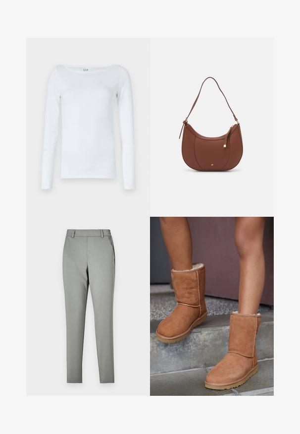 Witte lange mouwen shirt gemaakt van een katoenmix, met een ronde halslijn en een slim fit ontwerp. Geen zichtbare patronen of accenten.; Lichtgrijze broek met een slim fit, gemaakt van een gladde stof. Heeft een tailleband met lussen voor een riem en zijzakken, met een taps toelopend ontwerp van de benen.; Bruine suède enkellaarsjes met een ronde neus, zachte voering en een rubberen zool, met zichtbaar stiksel langs de naden.; Bruine faux leren schoudertas met een gebogen vorm, minimale stiksels en een gouden hardware-accent. Voorzien van een bovenste ritsluiting en een verstelbare schouderband.