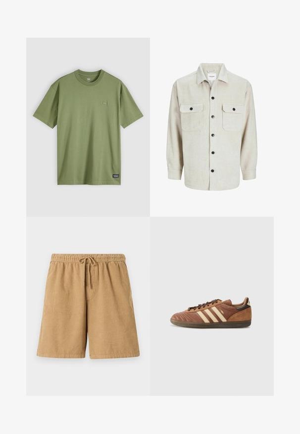 Olívová bavlnená tričko s okrúhlym výstrihom a krátkymi rukávmi. Obsahuje malú, jemnú nášivku loga na hrudi a tkanú etiketu značky na leme.; Bežová flanelová košeľa s golierom, obsahujúca dve náprsné vrecká, čierne gombíky a dlhé rukávy s gombíkovými manžetami.; Hnedé korduroy šortky s elastickým pásom a šnúrou na stiahnutie. Obsahujú vertikálne pruhy a bočné vrecká. Krátka dĺžka a neformálny dizajn.; adidas Originals SAMBA UNISEX - Tenisky - preloved brown/sand strata/dark brown