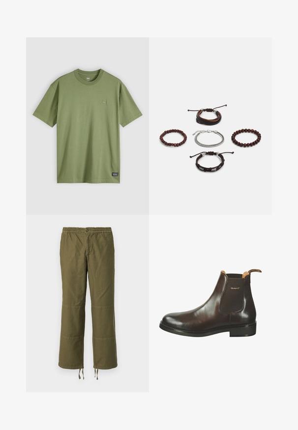 Oliwkowa bawełniana koszulka z okrągłym dekoltem i krótkimi rękawami. Posiada małą, subtelną łatę z logo na piersi oraz wplecioną metkę marki na dolnym brzegu.; Oliwkowe spodnie z szerokimi nogawkami, wykonane z bawełny, z elastyczną talią, zapięciem na guzik i kontrastującymi łatami na kolanach.; Brązowy skórzany botek Chelsea o gładkim wykończeniu, z elastycznymi panelami bocznymi i małym uchwytem na pięcie. Posiada trwałą gumową podeszwę.; Zestaw pięciu bransoletek z brązowej skóry, drewnianych koralików i srebrnego łańcucha; różne faktury i kształty, z regulowanymi zapięciami.